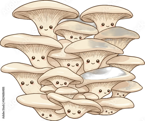 Charming oyster mushroom cluster with adorable faces, creating a whimsical and delightful fungi family illustration for nature lovers