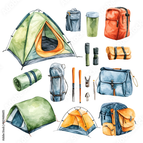 My watercolor collection with camping gear, tents, and outdoor isolated on a white background, AI painting style, vector set available in EPS format. Hand-painted watercolor design, vectorized