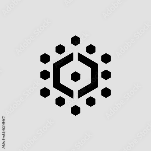 Abstract geometric hexagon pattern forming a stylized crystal or molecular structure on a light gray background logo