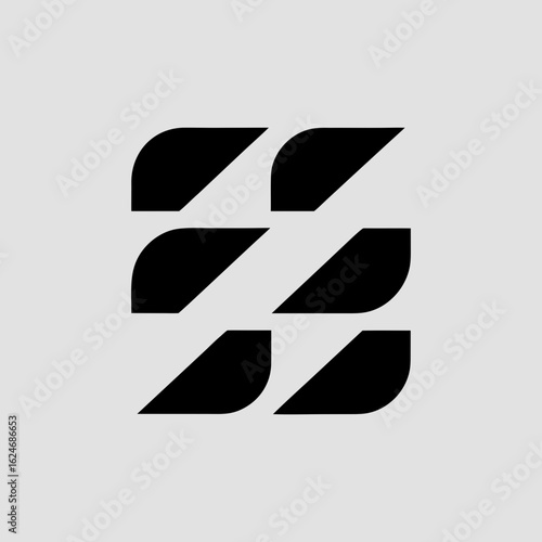 Abstract geometric pattern of six black curved shapes arranged in three rows on a light gray background logo