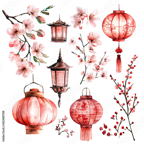 My watercolor Japanese cherry blossoms illustration isolated on a white background, AI painting style, vector set available in EPS format. Hand-painted watercolor design, vectorized, simple