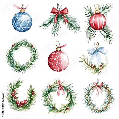 My watercolor collection with Christmas ornaments festive illustration isolated on a white background, AI painting style, vector set available in EPS format. Hand-painted watercolor design, vectorized