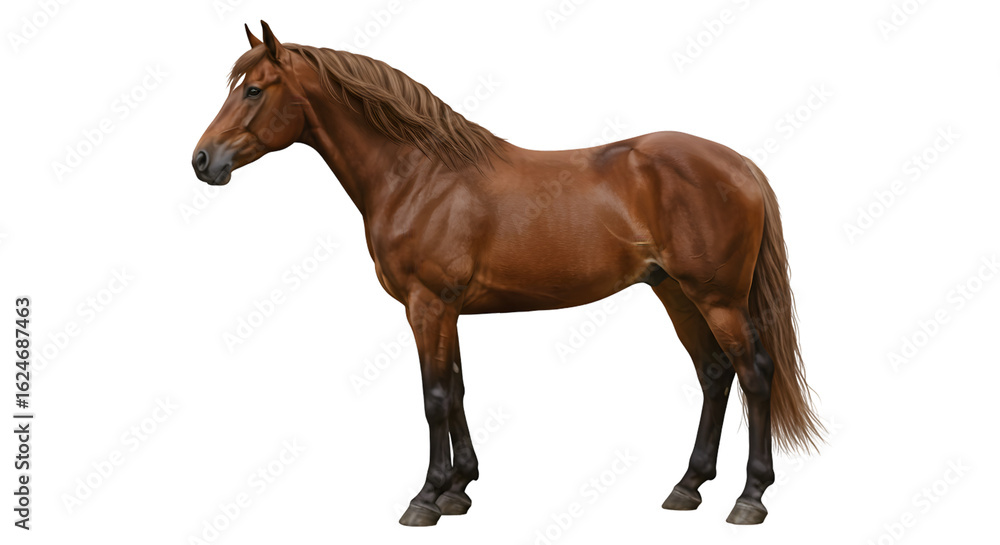 Obraz premium Majestic Chestnut Horse Standing Gracefully in Profile with Glossy Coat and Long Mane