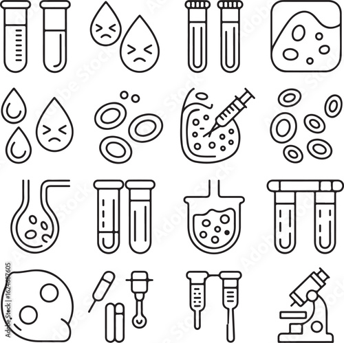 Medical laboratory and hematology research thin line icon set. Collection of scientific analysis and testing symbols.