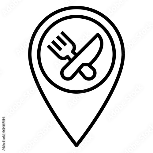 Logo buscar restaurante. Icono puntero de posición con cubiertos cruzados con líneas 