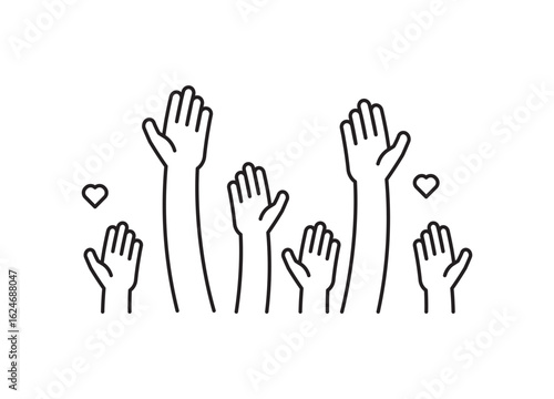 Hands Raised in Unity and Support: Outlined illustrations of multiple hands reaching upward, interspersed with small heart symbols, signifying participation, unity, and community support.