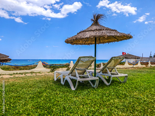 Photos Sunloungers sit beneath a rustic straw umbrella on a vibrant green lawn overlooking the sparkling blue ocean under a clear sky