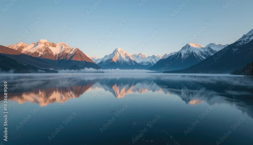 Calm mountain lake reflecting a serene sunrise over snow-capped peaks. Calm mountain lake reflecting a serene sunrise over snow-capped peaks.