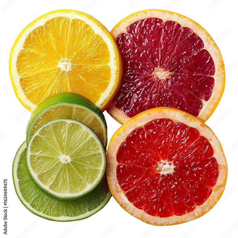 Fototapeta premium Fresh citrus fruit slices orange grapefruit and lime halves arrangement isolated on transprint background