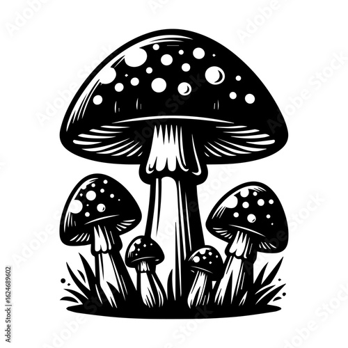 Black and White Mushroom Cluster Illustration.