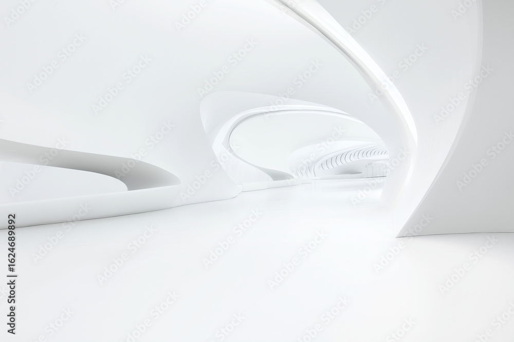 Fototapeta premium Futuristic white architectural gallery with flowing shapes and soft shadows, high key lighting