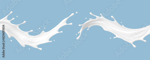 Realistic milk splash waves on blue background. Vector dairy concept