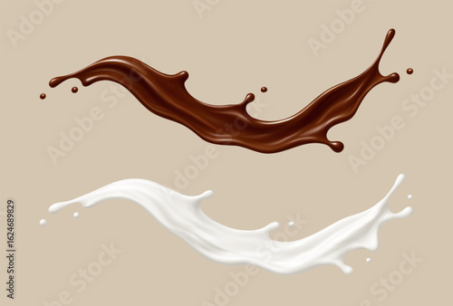 Realistic milk and chocolate splash waves. Dessert and dairy concept. Vector illustration