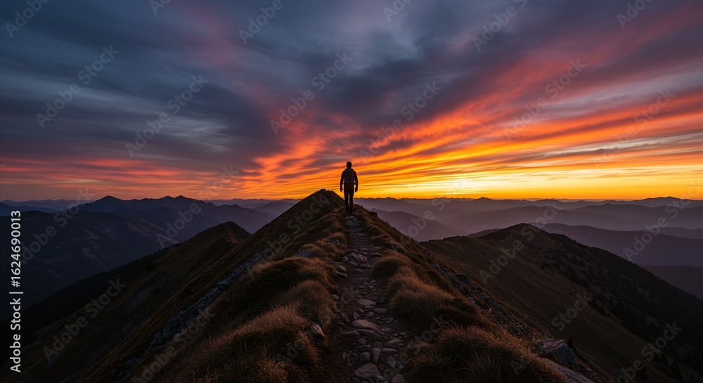 Fototapeta premium A lone hiker silhouetted against a fiery sunset on a mountain peak, capturing the essence of adventure, freedom, and the beauty of nature