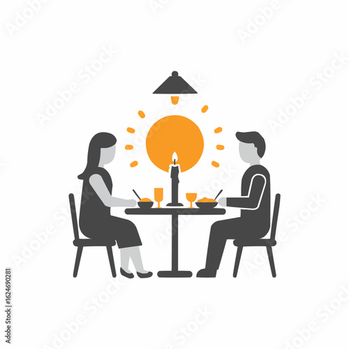 Couple having dinner by candlelight with sun graphic for energy conservation  