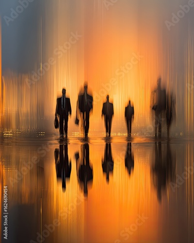 Blurred silhouettes of business people walking in city at sunset, reflected in water
