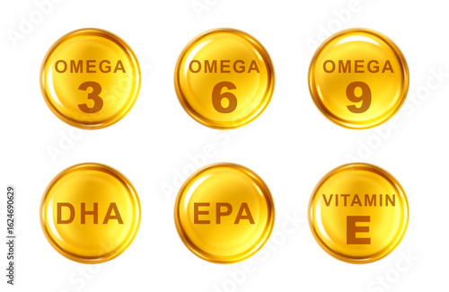 Golden capsules with Omega 3, 6, 9, DHA, EPA and Vitamin E. Natural fish oil, organic vitamin, nutrients. Vector illustration