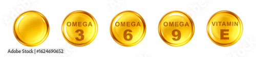 Golden capsules with Omega 3, 6, 9 and Vitamin E. Natural fish oil, organic vitamin, nutrients. Vector illustration
