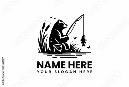 Black bear fishing logo design with fish butterflies and reeds.