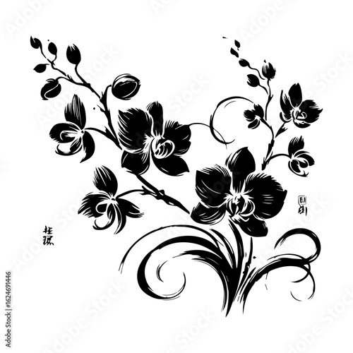 Elegant Black Orchid Branch with Swirling Leaves.