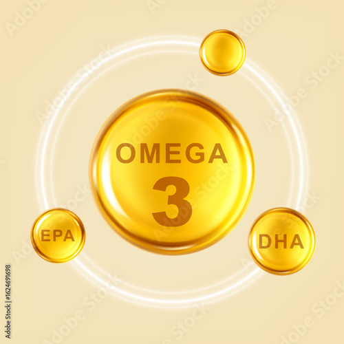 Omega 3 capsule with DHA and EPA. Vector illustration for cosmetics, nutrition or supplement design.