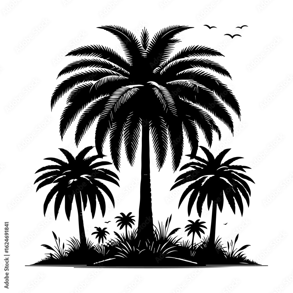 Fototapeta premium Silhouette of Palm Trees and Birds in Tropical Landscape.