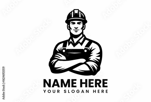 Confident Construction Worker with Hard Hat and Arms Crossed in Black and White.
