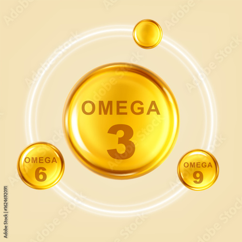 Golden capsules with Omega 3, 6, 9. Vector illustration for cosmetics, nutrition or supplement design.