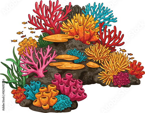 Vibrant coral reef ecosystem illustration featuring diverse marine life and colorful coral formations in an underwater environment