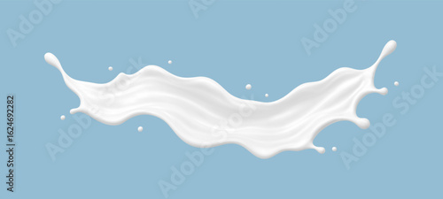 Realistic milk splash wave on blue background. Vector dairy concept