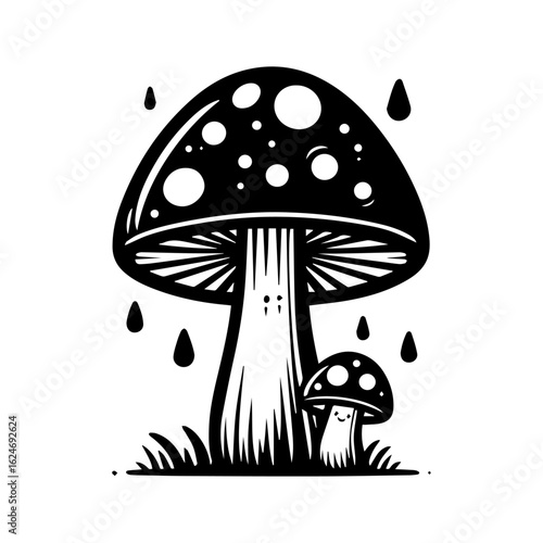 Whimsical Mushroom Family in the Rain.