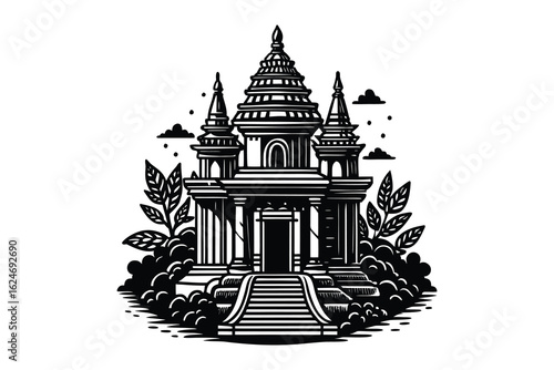 Vector illustration of a church building at morning with a tower, an icon of travel and European architecture