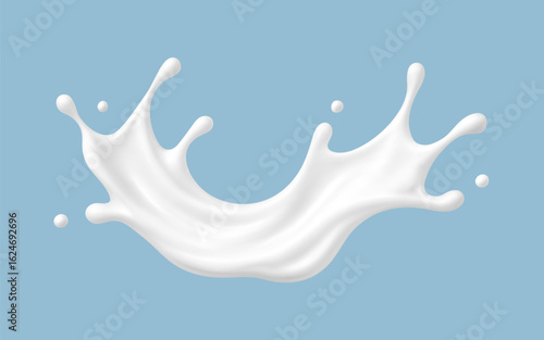 Realistic milk splash wave on blue background. Vector dairy concept