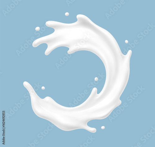 Realistic milk splash on blue background. Vector dairy concept