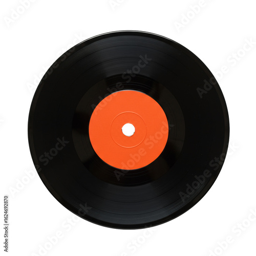 A classic black vinyl 7-inch record with a bright orange label and white center hole, isolated and centered on a clean white background with ample copy space, top-down view, no shadows. Concept of