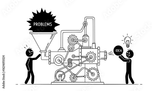 Stick figure feeding problems into a machine to get an idea, isolated on white background
