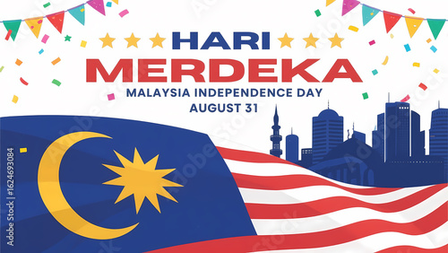 Celebrate Malaysia Independence Day with this festive design perfect for greeting cards, social media, and event promotions showcasing national pride