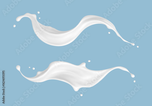 Realistic milk splash waves on blue background. Vector dairy concept