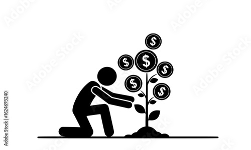 Stick figure nurturing a money tree isolated on white background