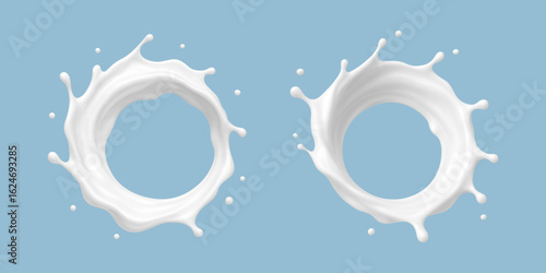 Realistic milk splash circles isolated on blue background. Vector illustration
