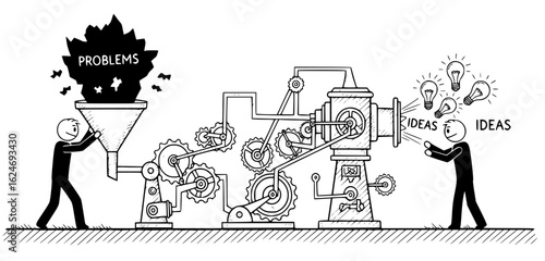 Stick figure feeding problems into a machine to generate ideas isolated on white background