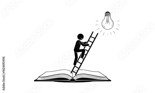 Stick figure climbing a ladder from a book towards a bright idea lightbulb isolated on white background