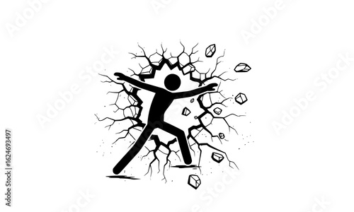 Person breaking through a cracked wall, isolated on white background