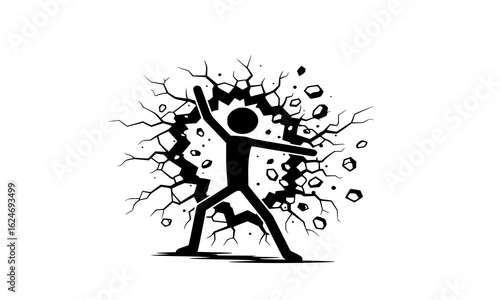 Person breaking through a cracked wall, isolated on white background