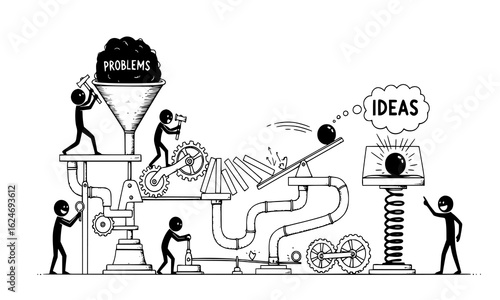 Complex machine converting problems into ideas with people operating it