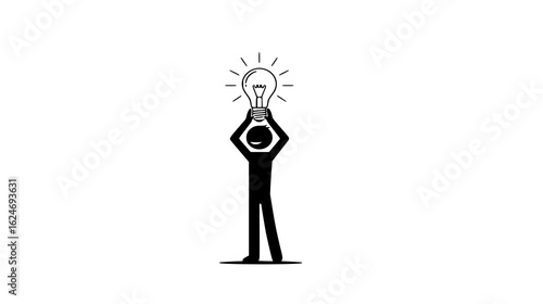 Stick figure holding a bright idea lightbulb above head isolated on white background
