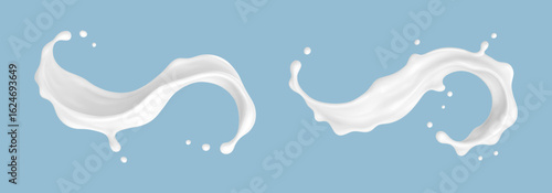 Realistic milk splash waves on blue background. Vector dairy concept