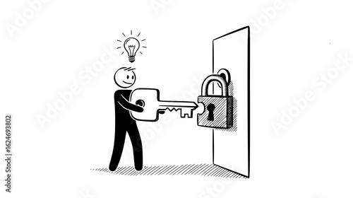 Stickman with a key and lightbulb unlocking a door, isolated on white background