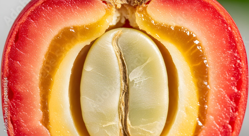 Macro crosssection of a ripe red coffee cherry showing its internal layers and raw green bean.