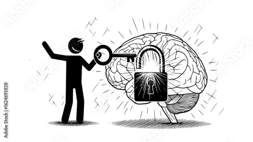 Stickman unlocking a brain with a key, isolated on white background